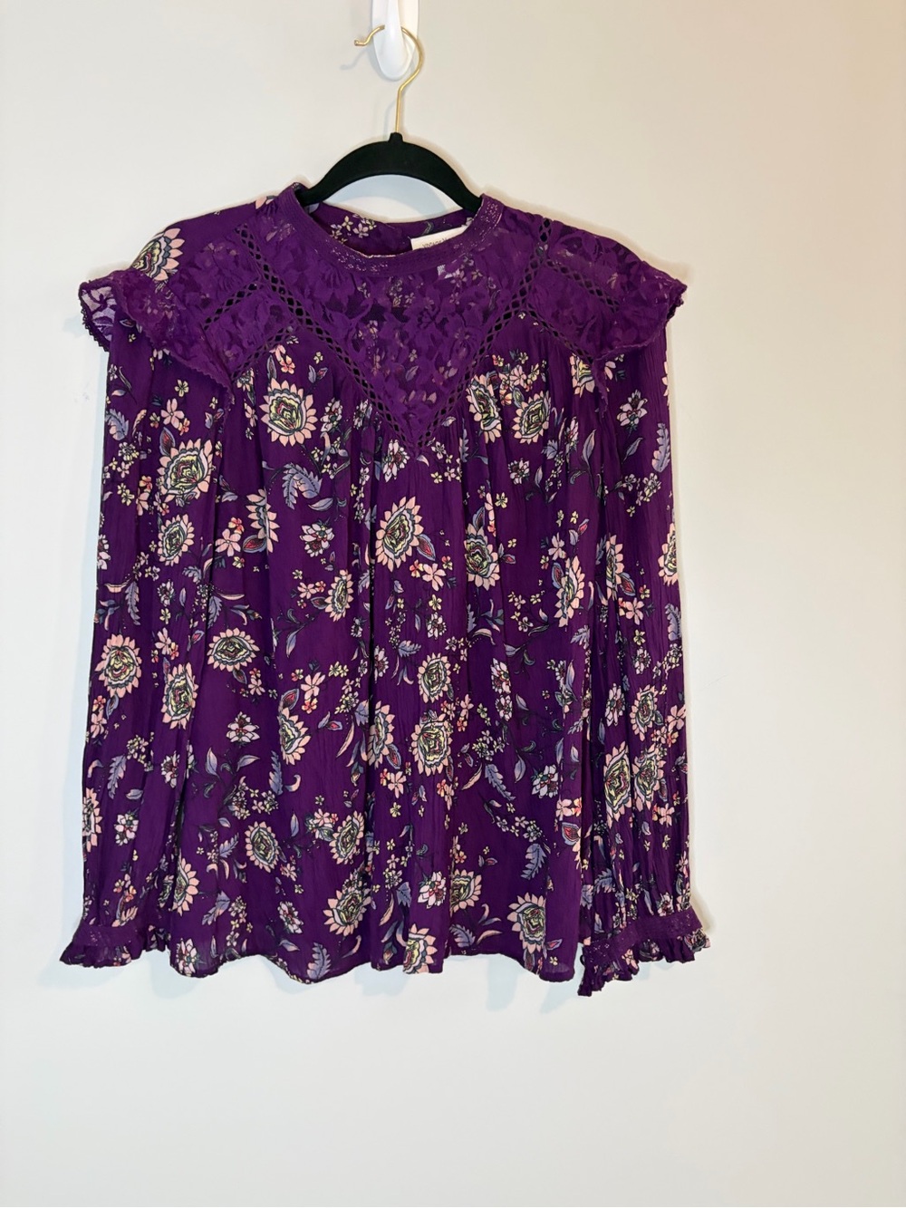 Vintage America Purple Floral Lace-Yoke Long Sleeve Festival Cottagecore Blouse